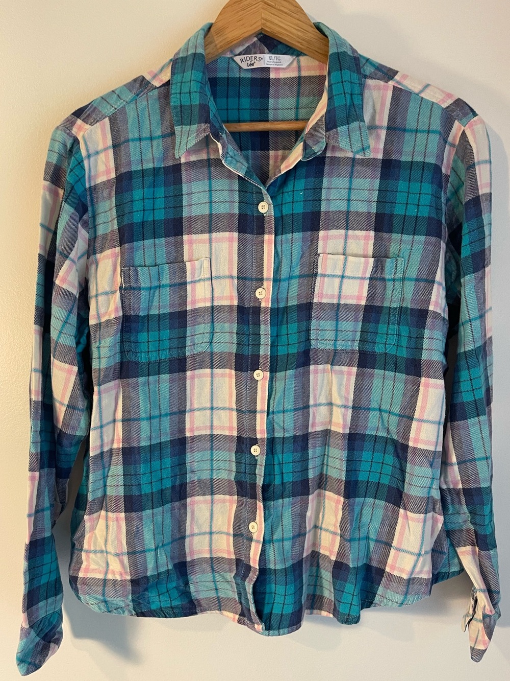 Riders by Lee Blue Teal Pink Plaid Cotton Flannel Button Down Shirt XL